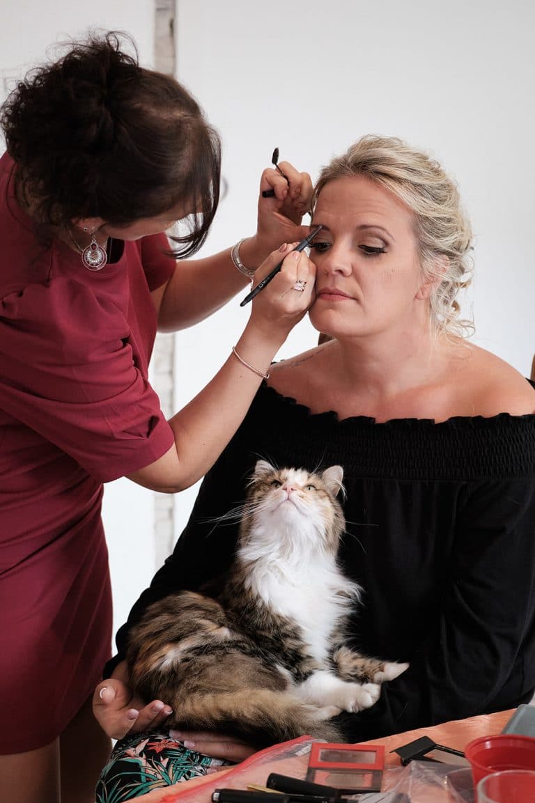 Maquillage de la mariée avec un chat sur les genoux.